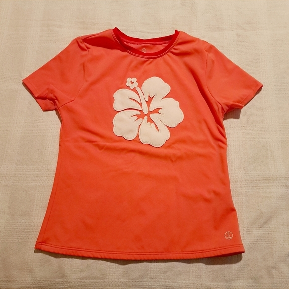 Lands End girls size 14 coral rash guard with flower applique - Picture 1 of 4